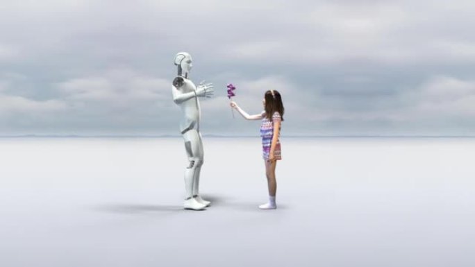 快乐的小女孩向机器人献花。机器人现在很开心!