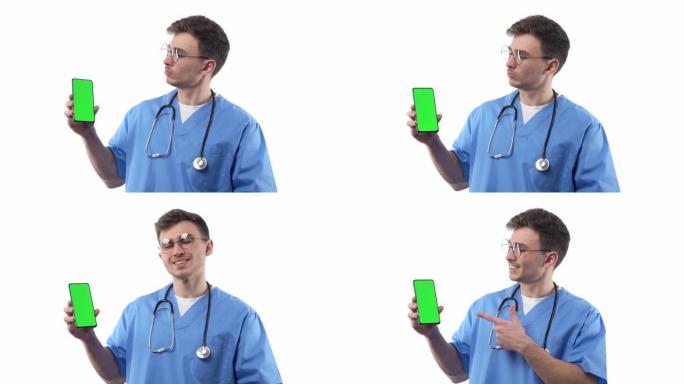 医生护士在制服和听诊器指向一个绿屏广告医疗药理学和现代医学的概念智能手机。