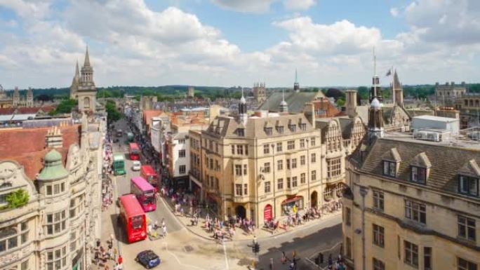 英国牛津市的俯视图，英国时间流逝，平移，缩放