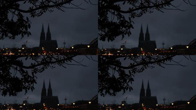 dom和科隆城市在晚上4k 30fps视频中模糊