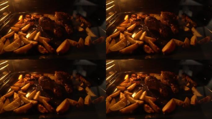 土豆和鸡肉在烤箱里煎晚餐