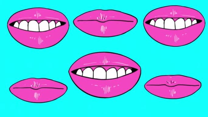 蓝色屏幕上女性的粉红色嘴唇，亲吻和微笑的动画。