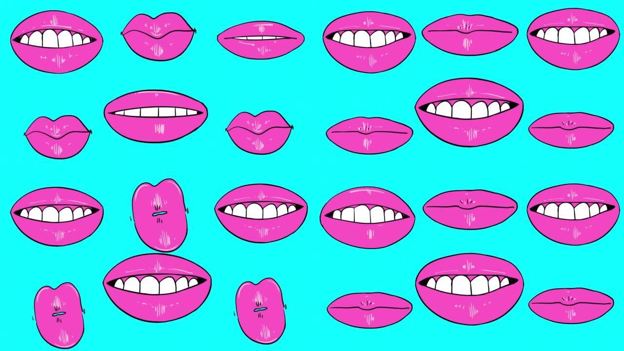 蓝色屏幕上女性的粉红色嘴唇，亲吻和微笑的动画。