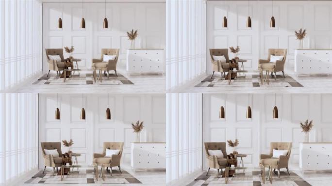 模拟房间白色墙上的空相框。3d渲染