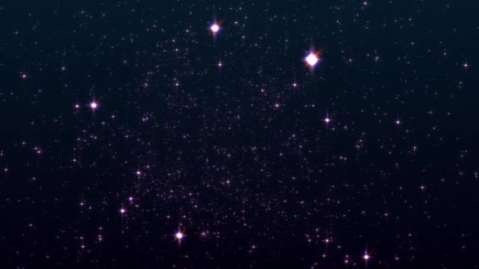 4K 3D无缝循环发光闪亮粉色粒子星星黑色背景上的动画流向前方。空间动画中带有银河天空粒子闪烁光的图
