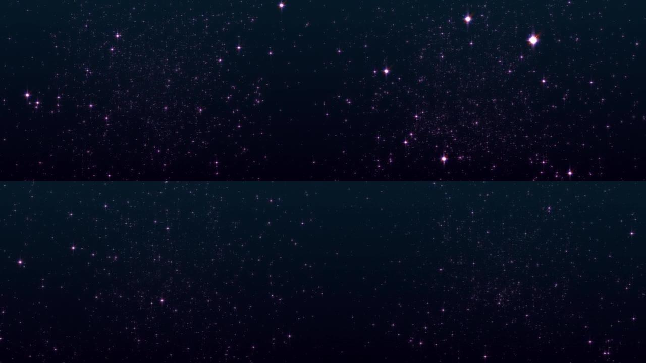 4K 3D无缝循环发光闪亮粉色粒子星星黑色背景上的动画流向前方。空间动画中带有银河天空粒子闪烁光的图