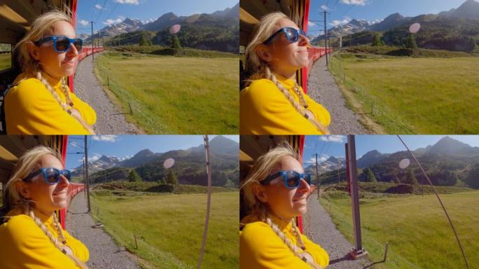 兴奋的幸福女人，微笑着从火车车厢的窗户向外倾斜。旅行中的女人乘坐瑞士红色火车穿越阿尔卑斯山