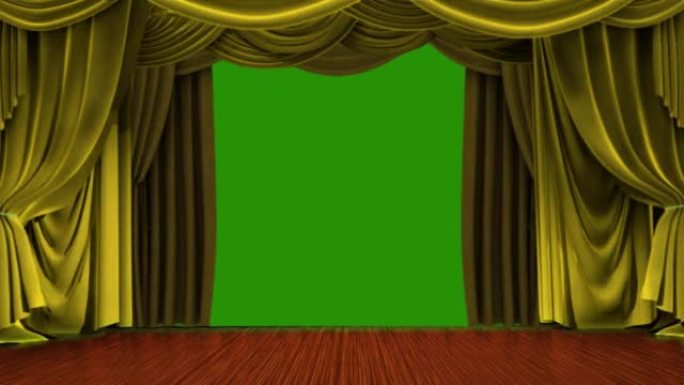 剧院舞台绿屏上的金色窗帘