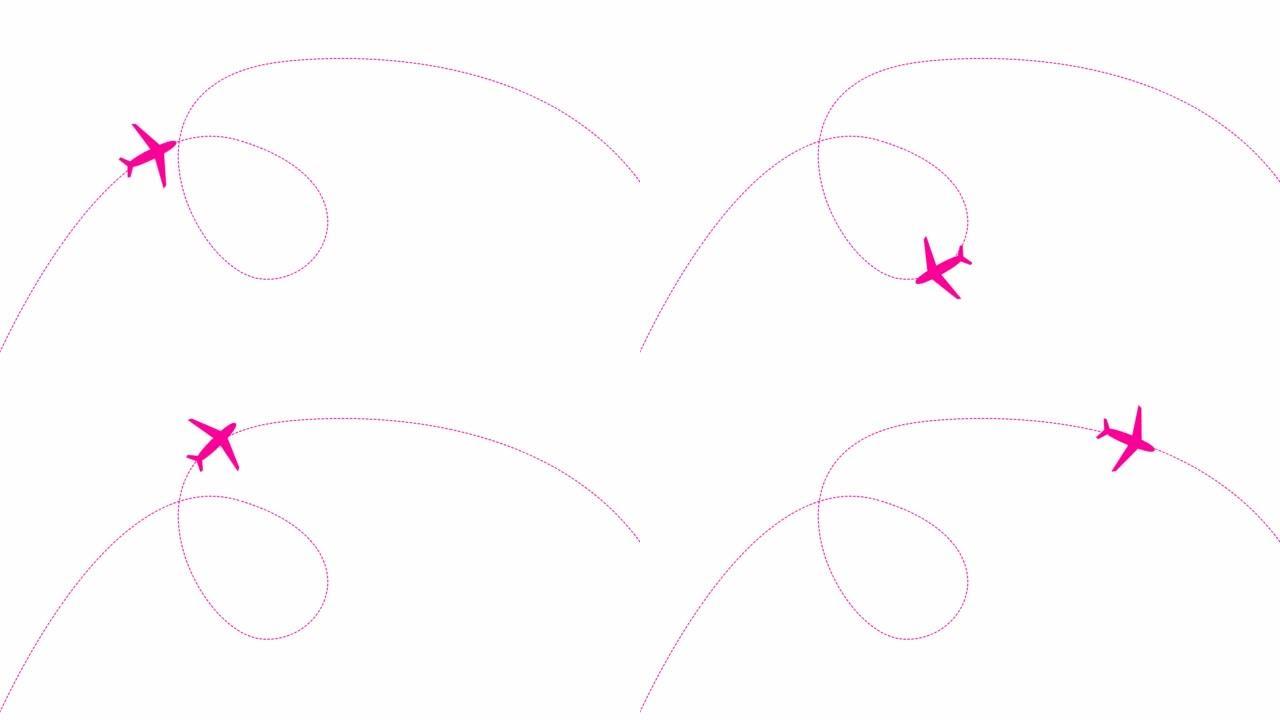动画粉红飞机沿着轨迹飞行。概念飞机旅行，旅行，旅行，旅游。循环视频。矢量插图孤立在白色背景上。