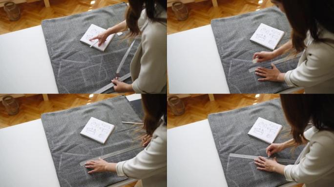 无法辨认的女性裁缝日本民族轮廓，纺织品上有白色钢笔图案