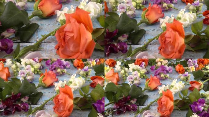 五颜六色的夏季花园花卉: 龙花、玫瑰、甜豌豆在复古木质浅蓝色背景上。