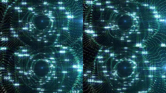 运动图形4k飞入数字技术隧道。3d大数据数字隧道广场与未来矩阵。二进制代码粒子网络。技术和连接运动背