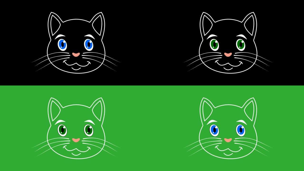 猫等待这个粗磨绿色到蓝色眼睛与黑色和绿色背景-动画