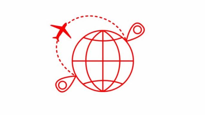 动画红色飞机在围绕地球的轨迹上飞行。飞机旅行。在飞机上转移。循环视频。线矢量插图孤立在白色背景上。