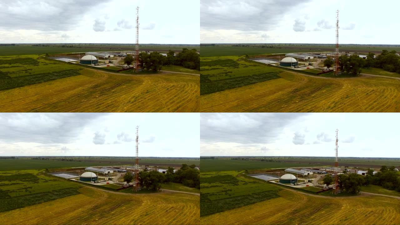 鸟瞰图。来自农业废物的生物燃料厂。沼气技术。生态能源