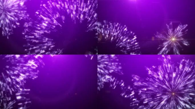 紫色背景上带有磁性波动的烟花动画。