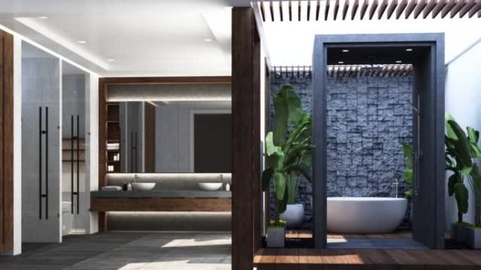 现代现代木质浴室设计，镶木地板和白色大理石墙，内置镜子台盆，带卫生间和带天窗的室外淋浴。逼真的内部3