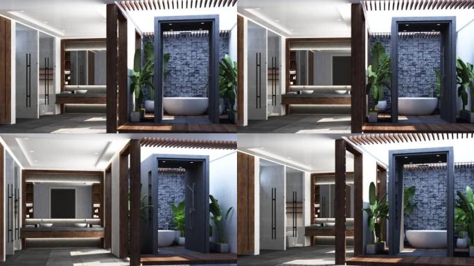 现代现代木质浴室设计，镶木地板和白色大理石墙，内置镜子台盆，带卫生间和带天窗的室外淋浴。逼真的内部3