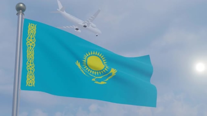 带飞机的动画无缝循环国旗-哈萨克斯坦