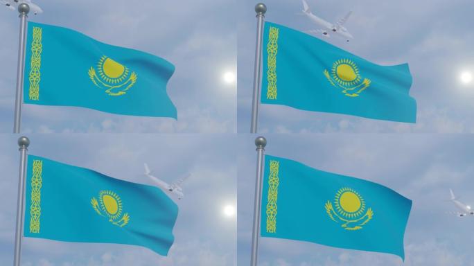 带飞机的动画无缝循环国旗-哈萨克斯坦
