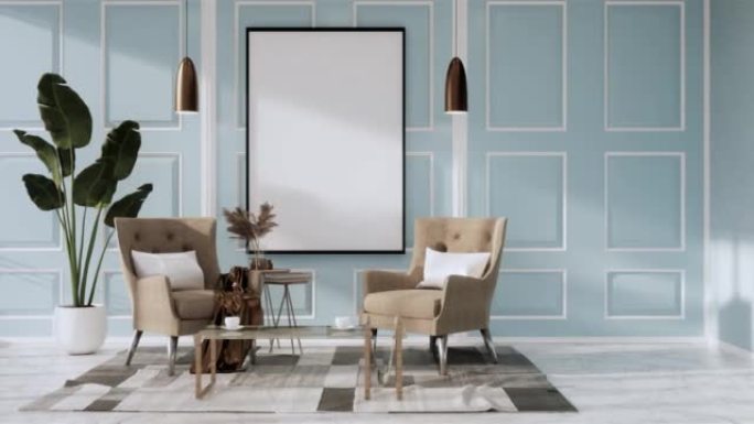 浅蓝色客厅装饰有灯和植物树木。3d渲染