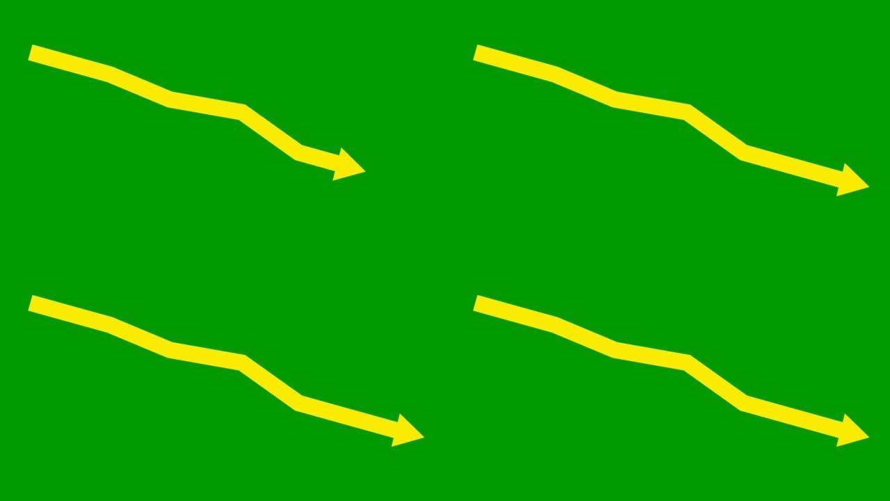 动画黄色箭头。经济衰退图表。经济危机，衰退，下降图。利润下降。矢量插图孤立在绿色背景上。