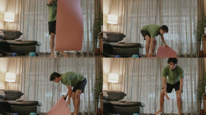完成工作后准备并设置运动垫，以在家中锻炼。