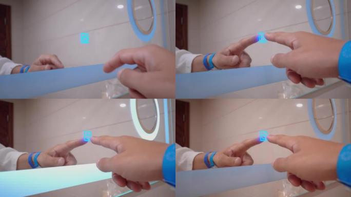用手指触摸镜子显示屏上的发光按钮。