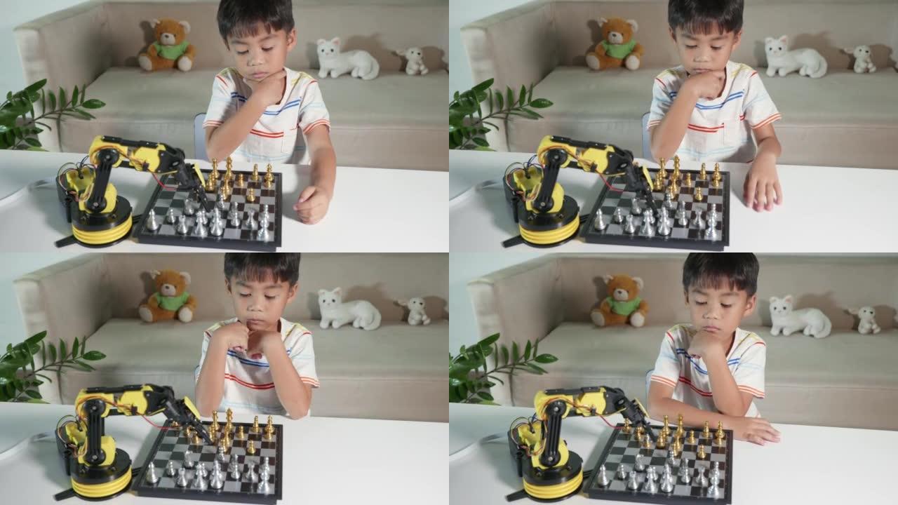亚洲小男孩思考和等待机器人手臂下棋