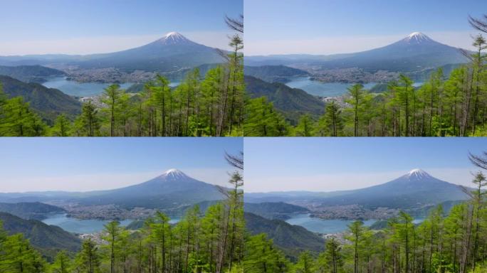 从新鲜的绿色新道山口看到富士山和川口湖