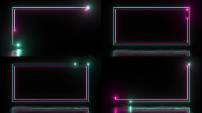 霓虹灯或led矩形由黑色背景上的双荧光灯框架和抛光地板上的反射产生。边框上有绿色和粉红色线条的Led