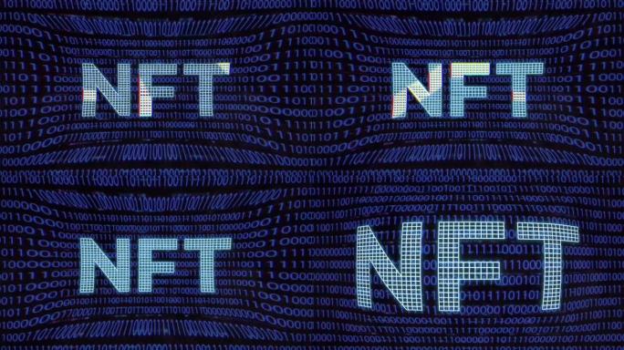 二进制代码背景动画上的全息霓虹灯NFT铭文。NFT元宇宙概念。4K