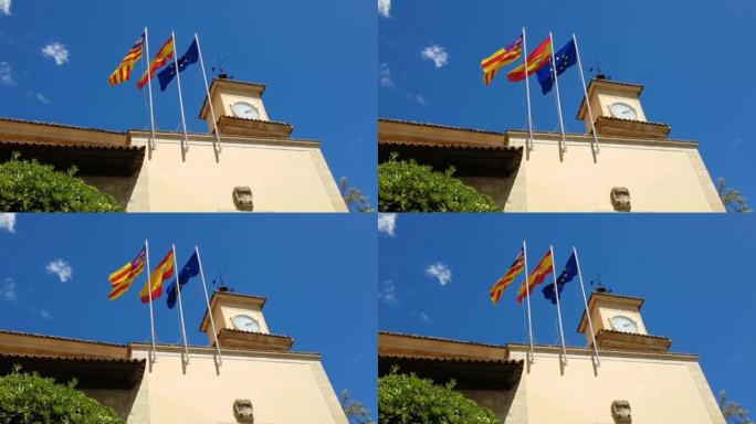欧洲、西班牙和巴利阿里群岛的旗帜在帕尔马岛飘扬