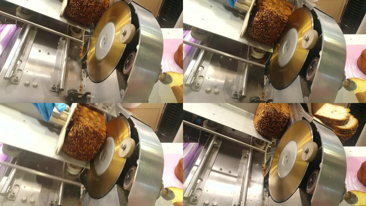 面包切片机在切片慢动作中工作切割