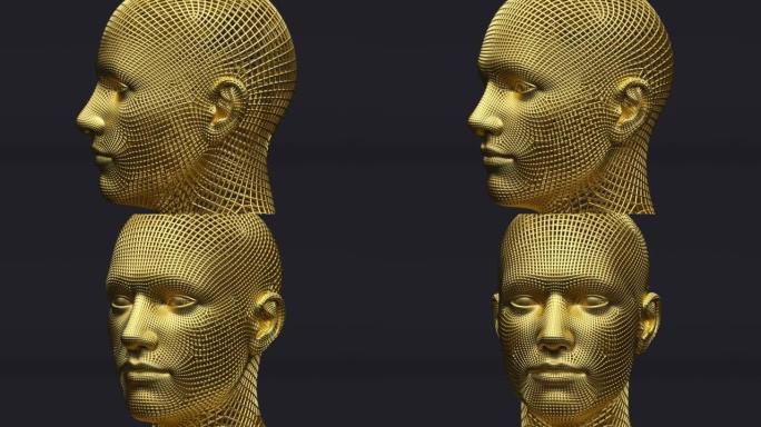 人脸网格，未来派网络金属头，数字技术，智能机器概念，人工智能，3d渲染插图，金色闪亮模型