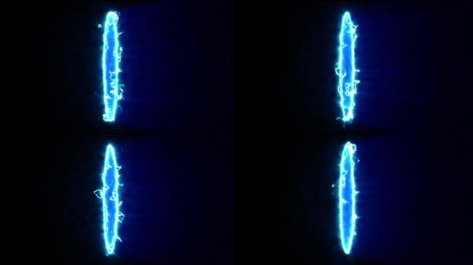 黑色背景上的抽象快速功率蓝色能量圈。幻想电动门户门或未来传送。3d动画。流动的闪光闪电洞。圆形光元件