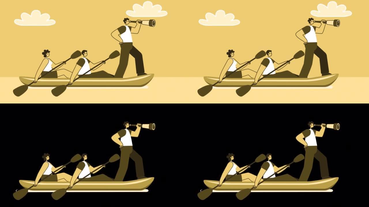 黄色风格的人与男子船长在皮划艇上航行。带有Alpha通道的孤立循环动画