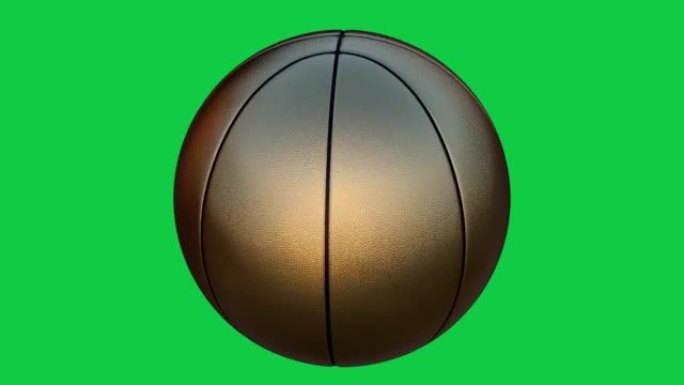 绿色背景上的金色篮球旋转。3D渲染视频