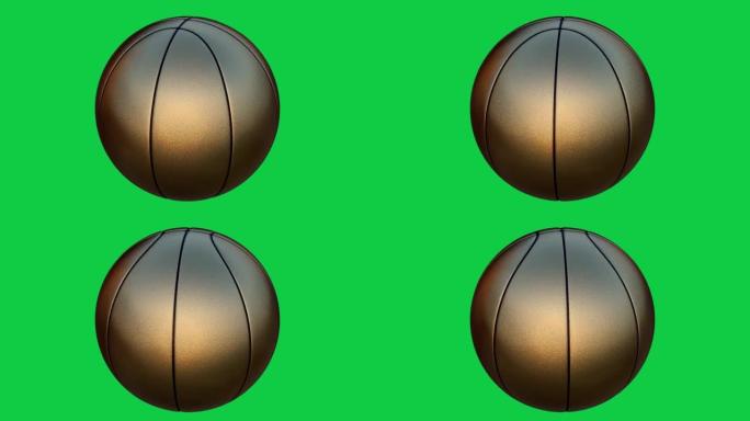 绿色背景上的金色篮球旋转。3D渲染视频