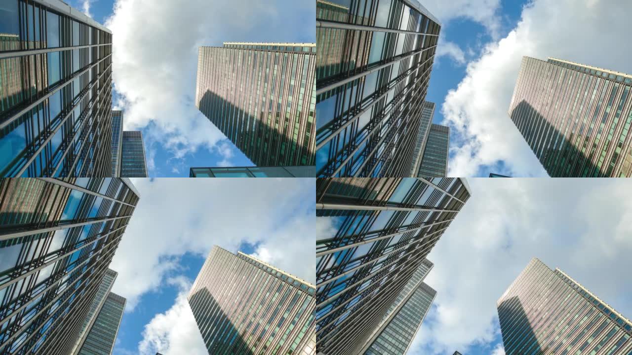 英国伦敦金丝雀码头摩天大楼办公商务建筑区，延时平移，放大和俯视图