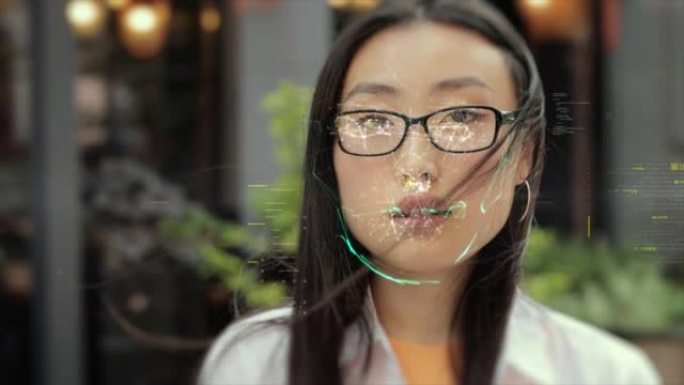 亚洲女性面部特征扫描。未来3D识别。生物特征面部识别。面id。人脸检测。
