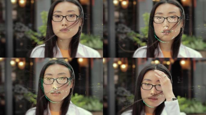 亚洲女性面部特征扫描。未来3D识别。生物特征面部识别。面id。人脸检测。