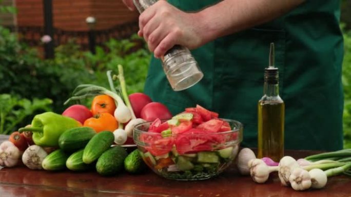 橄榄油倒在含有有机成分的盘子上。碗中的夏季沙拉。蔬菜新鲜沙拉配西红柿、黄瓜、辣椒、青葱、洋葱、胡萝卜