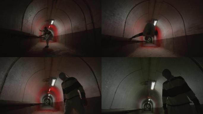 跑酷运动员做隧道墙侧翻