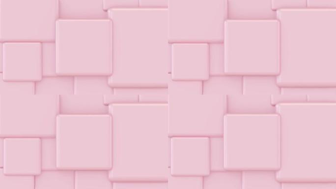 随机大小的粉红色立方体移动和生长循环。左边是文本的地方。抽象3d渲染几何概念背景。股票视频