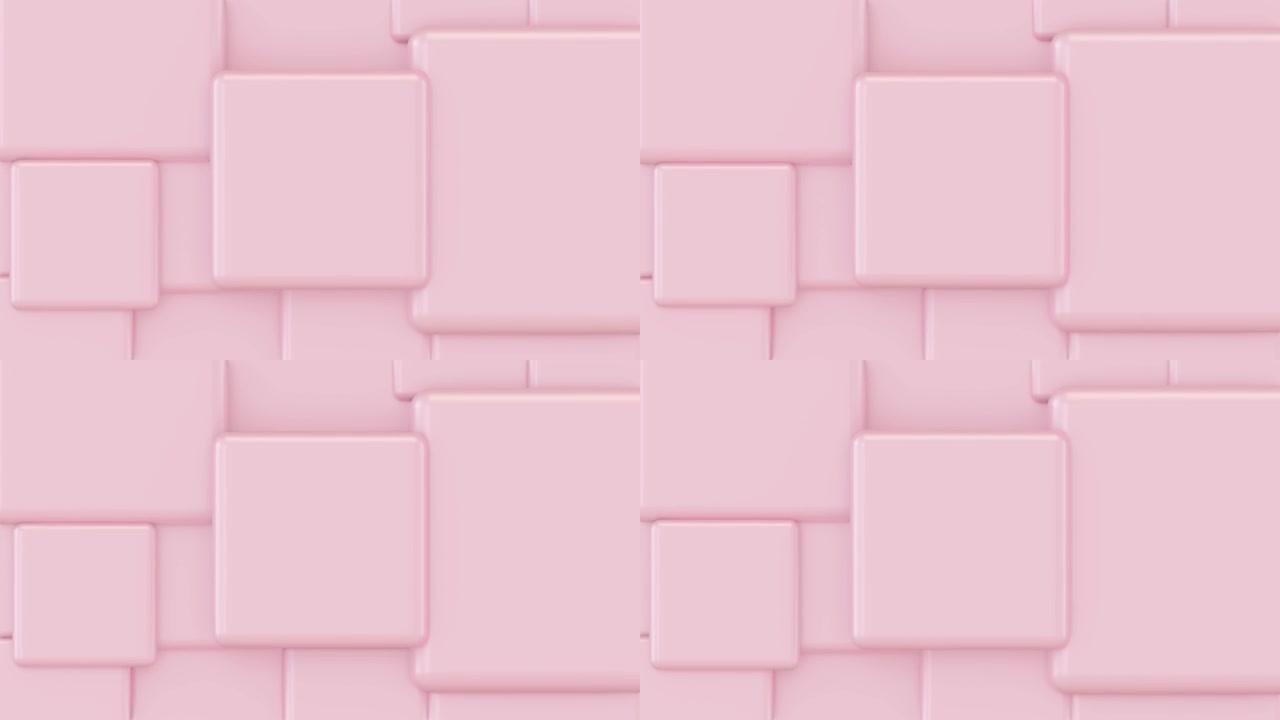 随机大小的粉红色立方体移动和生长循环。左边是文本的地方。抽象3d渲染几何概念背景。股票视频