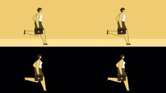 带公文包的黄色风格女性平字跑步周期。具有Alpha matters的孤立循环动画