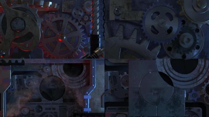放大带有动画旋转齿轮和打开门的机器的镜头特写