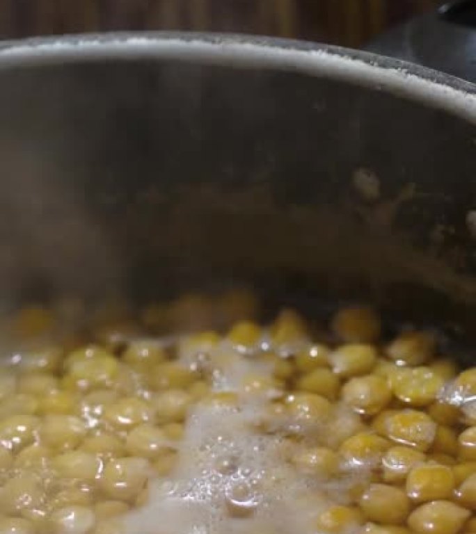 在质朴的锅里煮鹰嘴豆做炖肉。大量蒸汽和另一锅肉不集中。