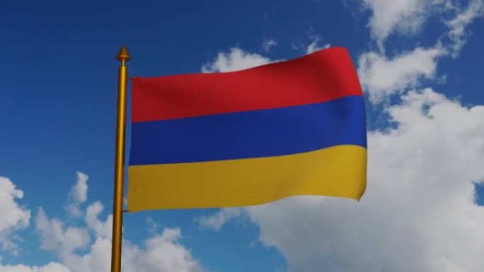飘扬的亚美尼亚国旗3D渲染与旗杆和蓝天时间推移，亚美尼亚三色旗的亚美尼亚共和国